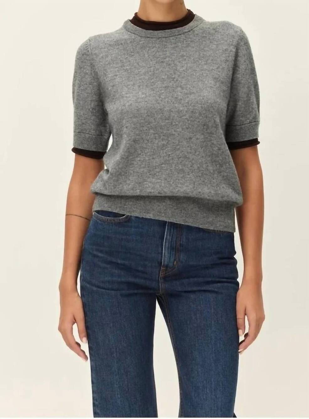 NEW ELODIE THE LABEL stone contrast crew neck sweater in grey brown